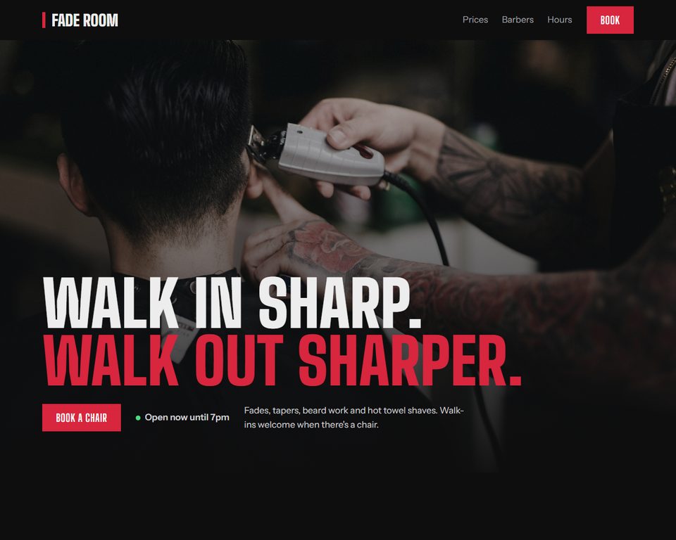 Screenshot of the barber template: Fade Room homepage with a booking button