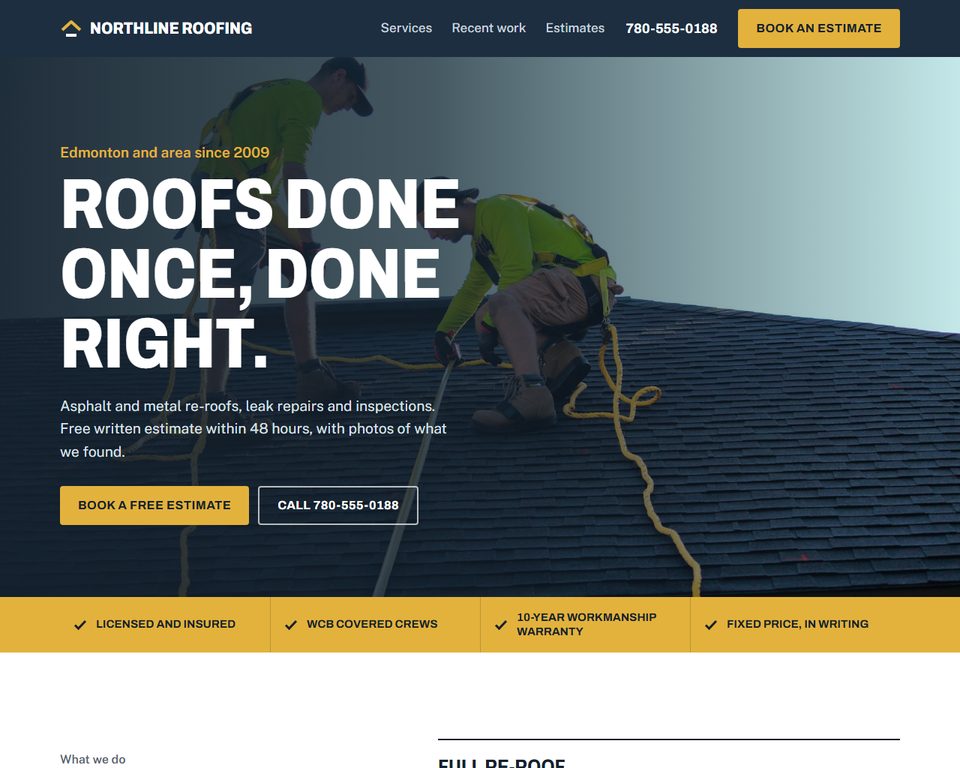Screenshot of the contractor template: Northline Roofing homepage with a quote button