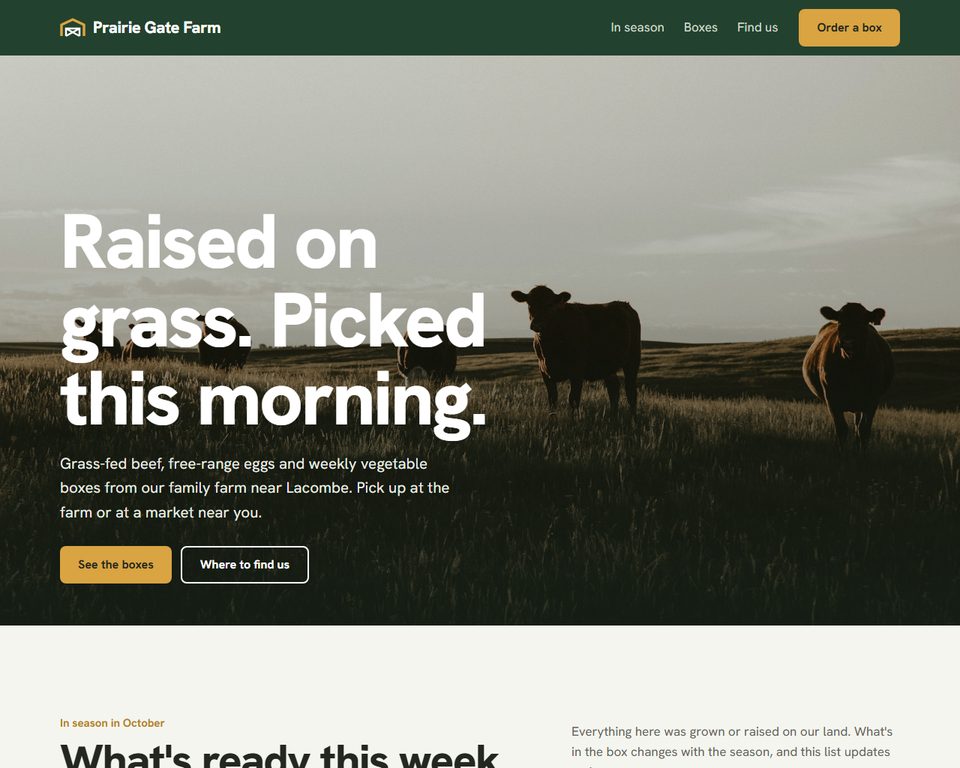 Screenshot of the farm template: Prairie Gate Farm homepage with cattle at sunset