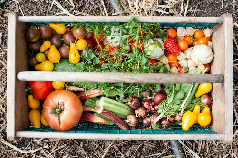 A wooden crate of fresh vegetables